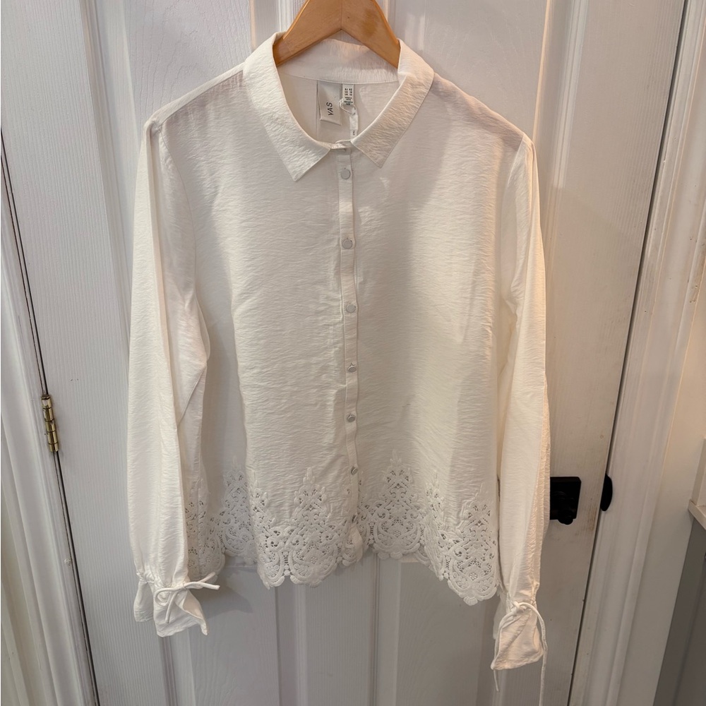 YAS Cream Button Down Shirt with Lace Detail